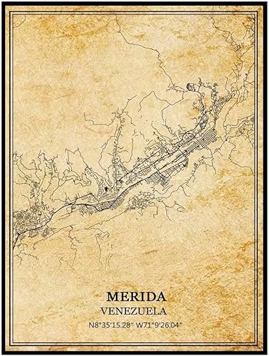 TANOKCRS Mérida Venezuela - Póster de mapa vintage de Venezuela, arte de pared, diseño de mapa de carretera de la ciudad, regalo de recuerdo de