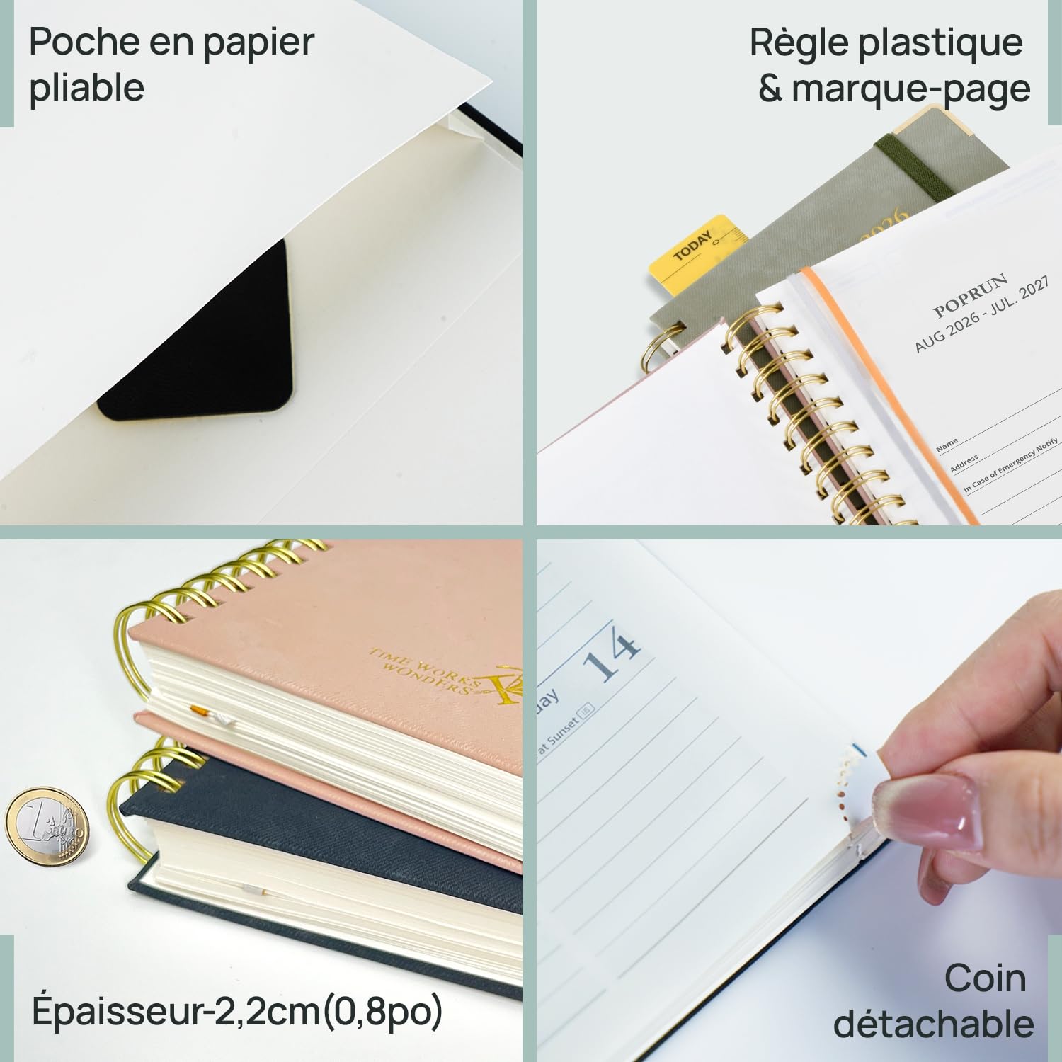 POPRUN Agenda 2026 2027 Journalier Scolaire 21,5 x 14,5 cm，1 Page par Jour D'Août 2026 à Juil 2027 12 Mois，couverture rigide en PU，Onglets Mensuels，Règle-signet，Papier 80g/m²，Vert Minuit
