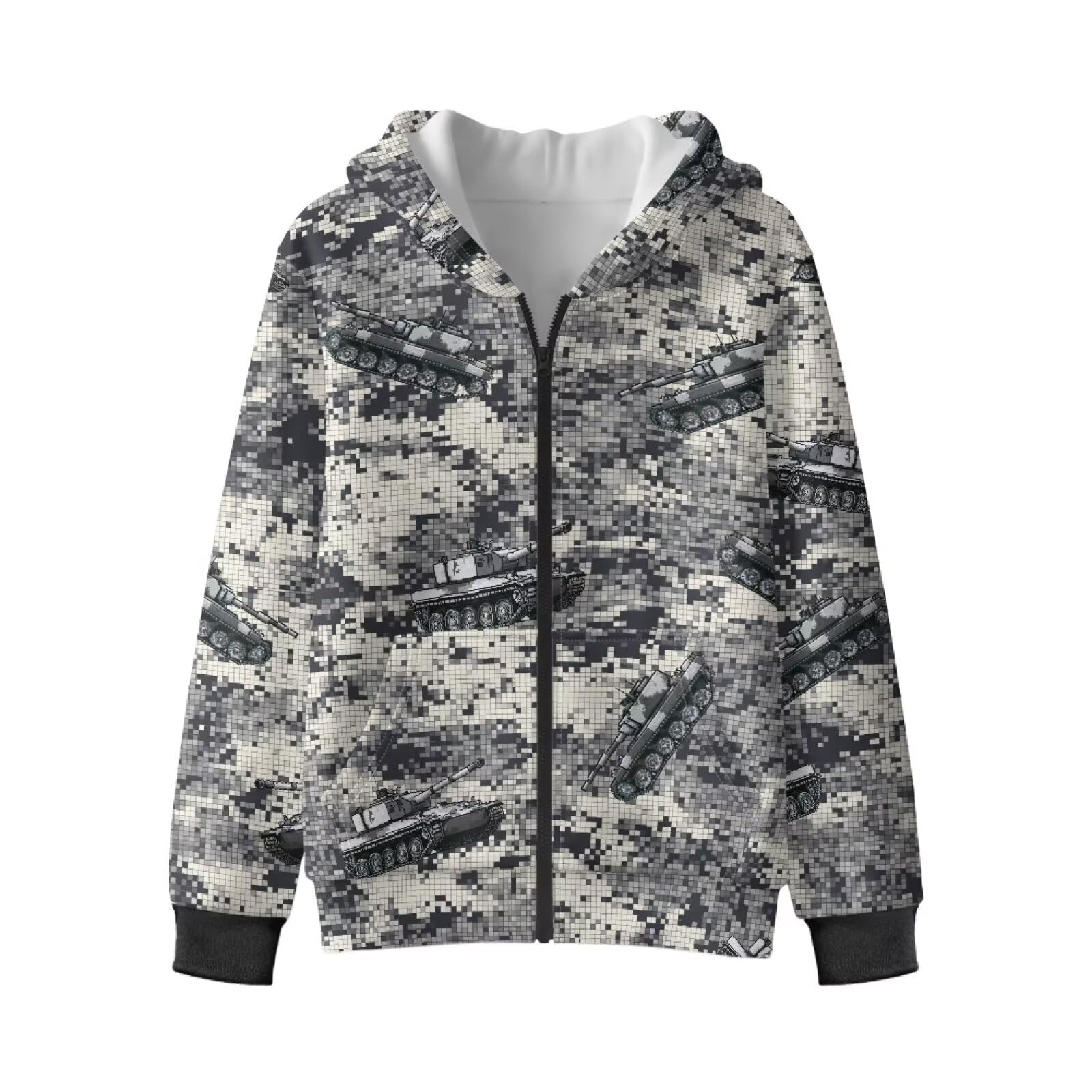 Xoenoiee Dziecięce bluzy z kapturem dla chłopców, zapinana na zamek, bluza 3D, fajna grafika zwierzęca, sweter z długim rękawem, top na jesień i zimę, Szary Camo Cartoon Tank, 6-8 Years