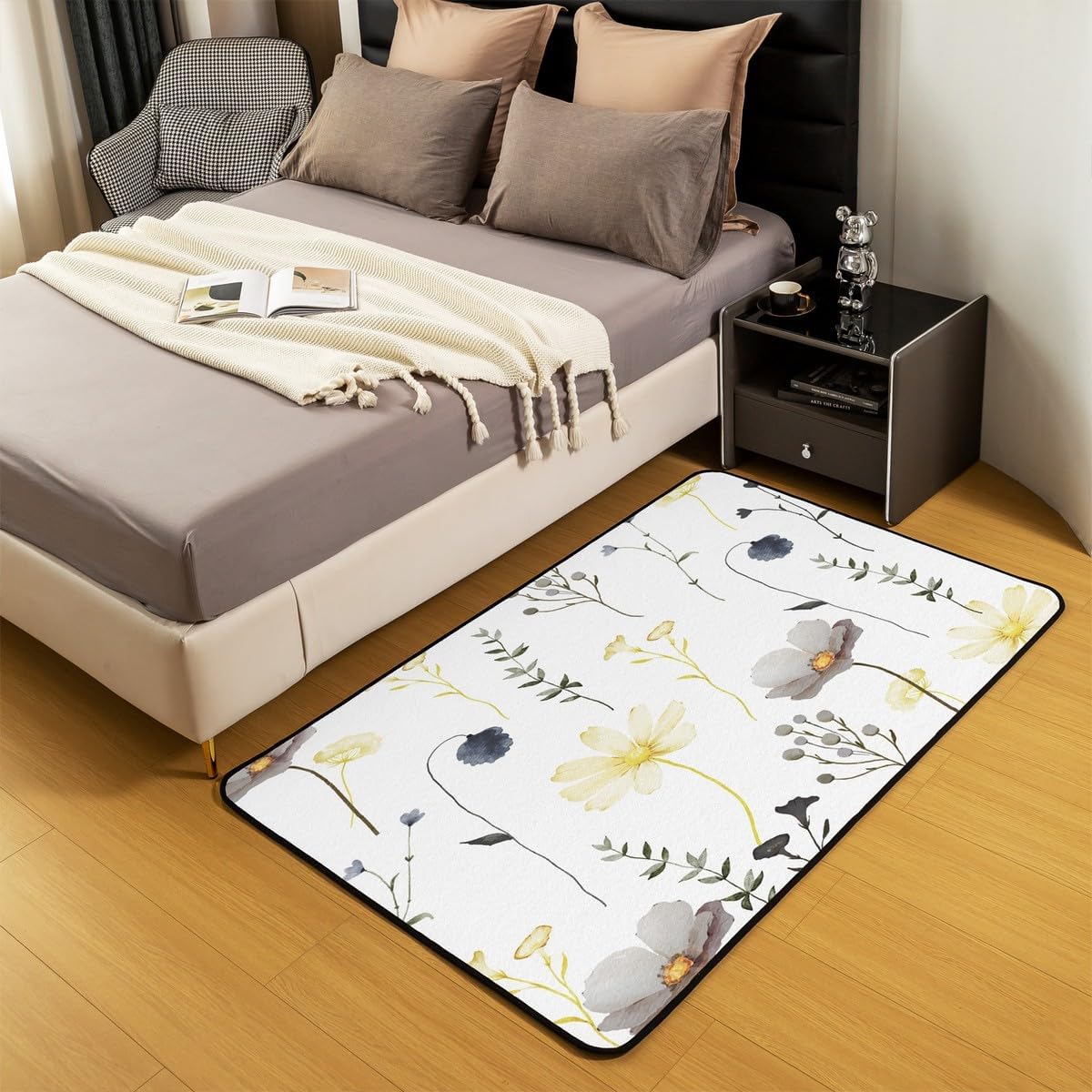 Erosebridal Minimalist Floral Decorative Rug 3X5,European Style Carpet,Yellow and Grey Flower Living Room Rugs,Garden Botanical Leaves Indoor Floor Mat Washable Home Decorative