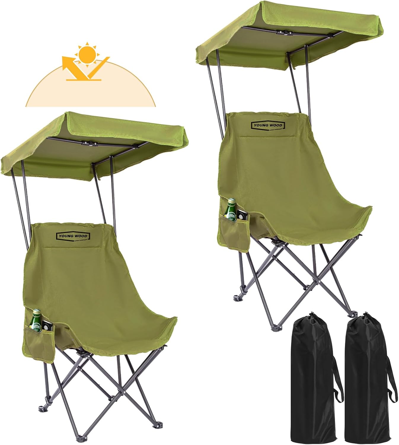 YOUNG WOOD Portable Camping Chair Beach Chair with Shade Canopy, Fold Lightweight Oversized for All, Easy to Open, Close Without Installation, Side Pocket Design for All Outdoor Activities, Green,1p Green 2P