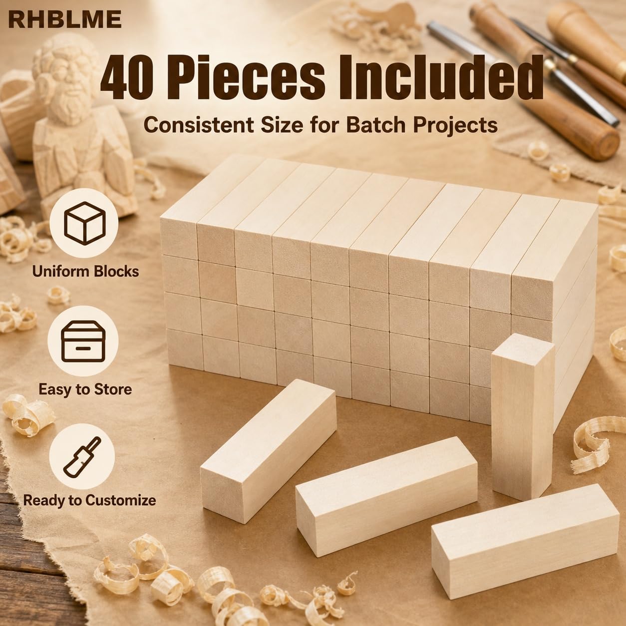 Basswood Carving Blocks - 40 Unfinished Wood Cubes -3