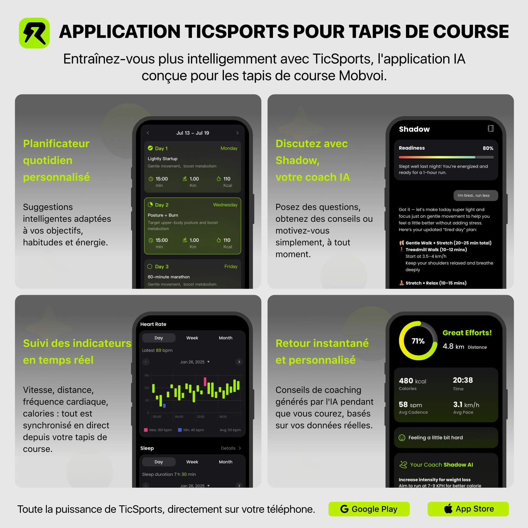 Mobvoi Tapis De Course Smart AI avec App TicSports - Portable Maison/Bureau - Vitesse 6km/h - LED + Télécommande - Marche/Jogging/Course