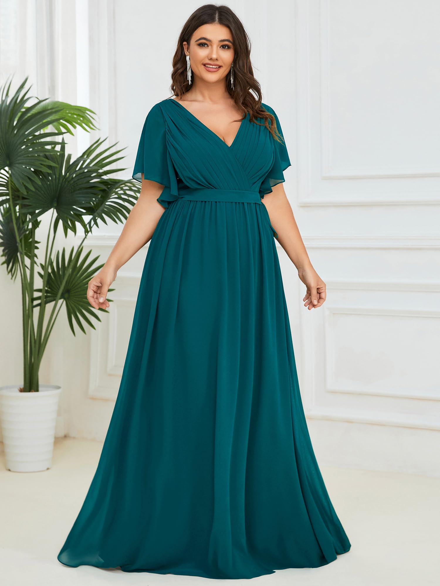 Ever-Pretty Plus Vestido formal de dama de honor para mujer, de gasa, acampanado, con cuello en V, cintura imperio, longitud hasta el suelo, talla grande