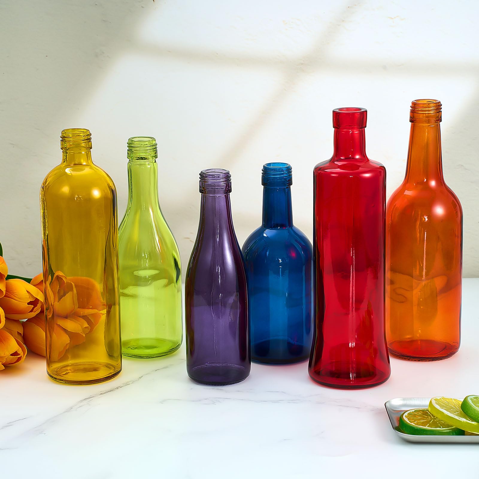 Zhehao 12 farbige Glasflaschen, bunte leere Weinflaschen, dekorative Glasflasche für Flasche, Baum, Garten, Hof, Outdoor, Heimdekoration (dunkles Regenbogenfarben, zylindrisch)