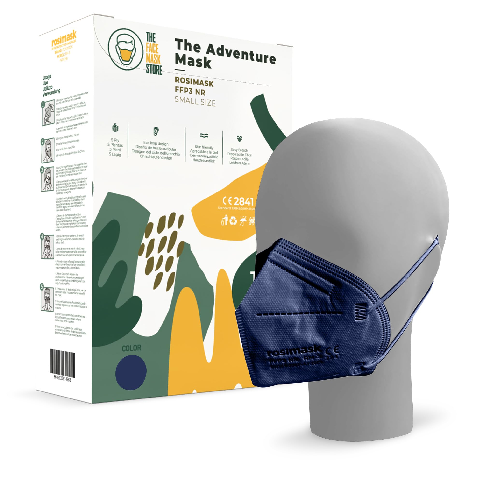 The Adventure Face Mask FFP3 with Ear Loops, Safety Mask, 5 Layer, Ce Certified, Ppe Masks, Box of 10, Blue