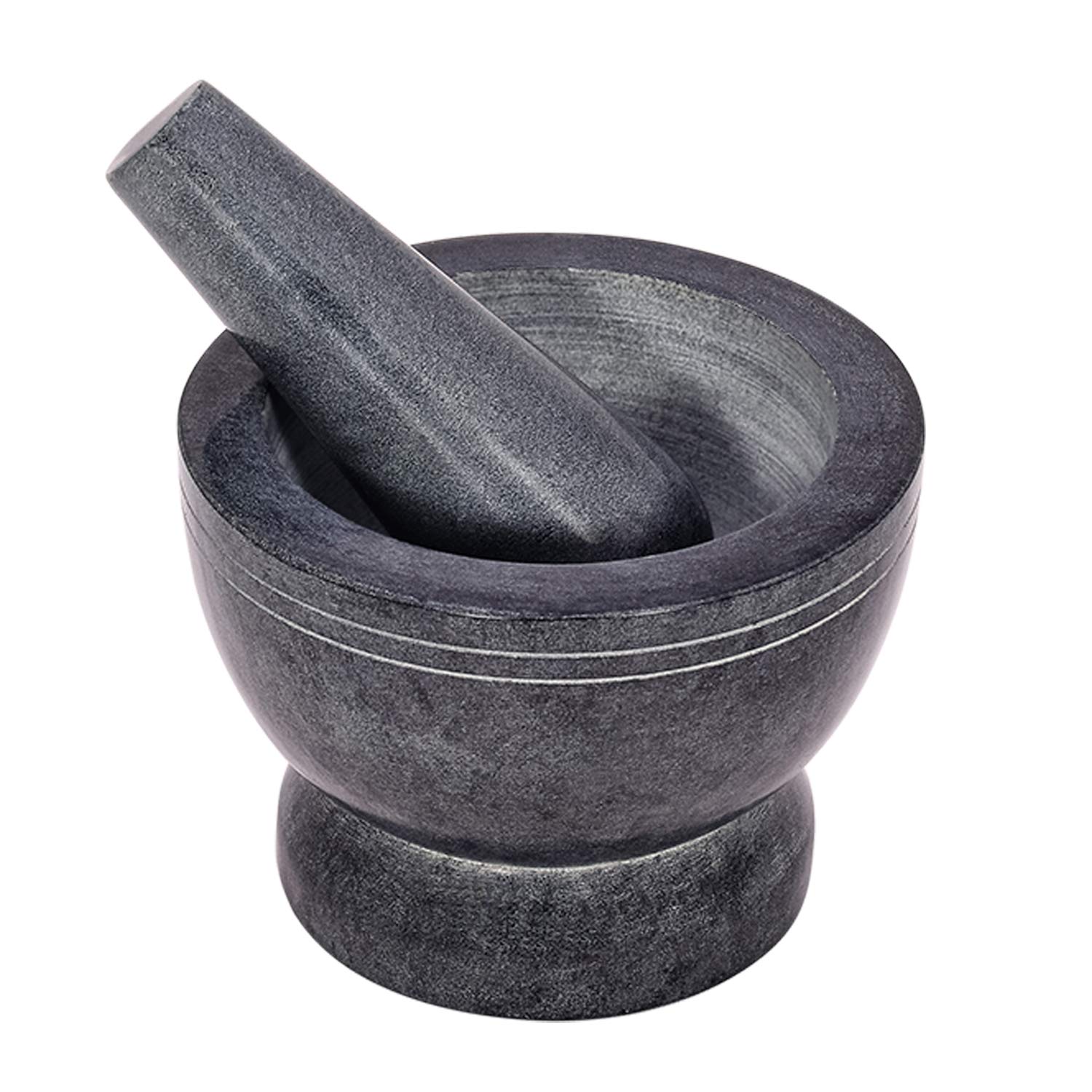 Divit Shilp Mortar and Pestle, Made of Heavy Duty Polished Hard Stone, Natural Stone Grinder For Spices, Pastes, Herbs, Seasoning etc. (Grey with Rings)