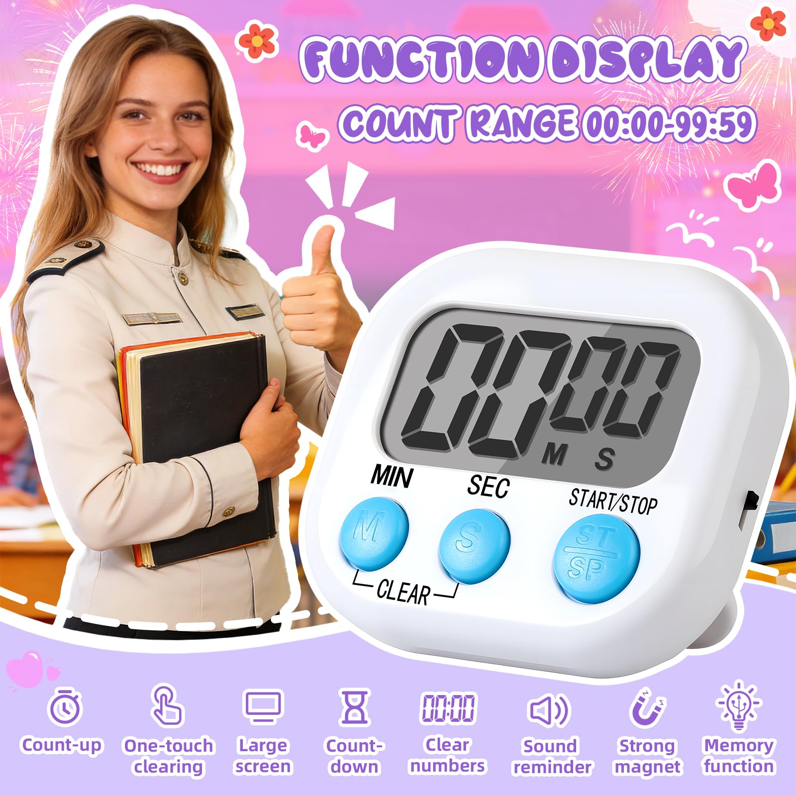24 timer elettronico multifunzione da cucina, piccolo timer digitale da cucina con adesivi retro magnetico per cucina, aula studio, palestra, con modalità conto alla rovescia/su, bianco