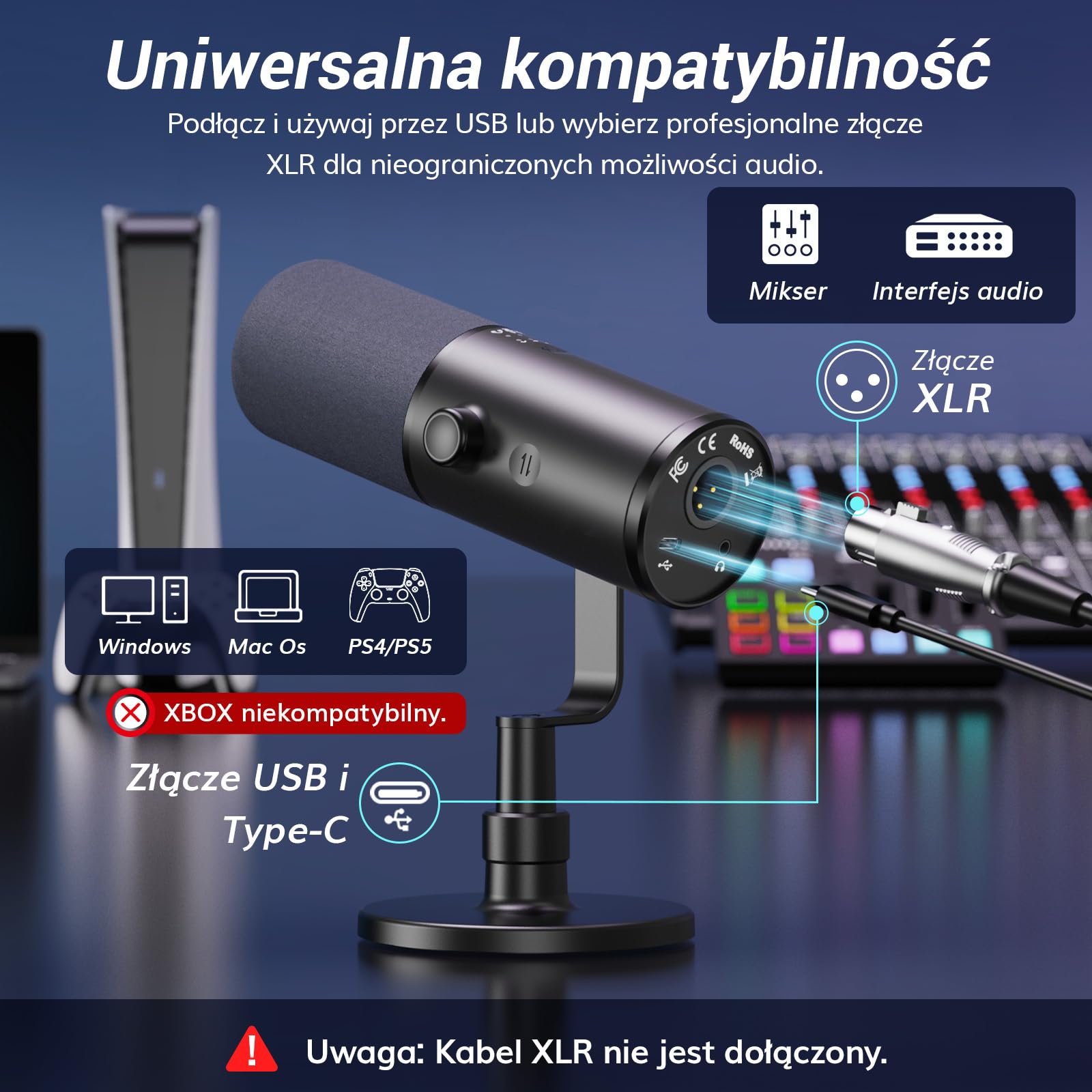 TONOR Dynamiczny mikrofon podcastowy do studia, mikrofon kardioidalny XLR/USB, redukcja szumów AI, wyciszanie, gniazdo słuchawkowe 3,5 mm do monitorowania, regulacja głośności, mikrofon z podstawką