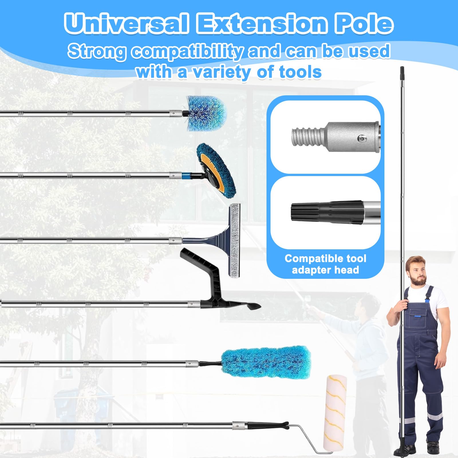 2.2M Kit Manche Telescopique avec Poignée PP, Perche Nettoyage Toiture Acier Inoxydable, Brosse Nettoyer Gouttière Extension, Canne Extensible Vitres 6 Segments pour Rouleau Peinture