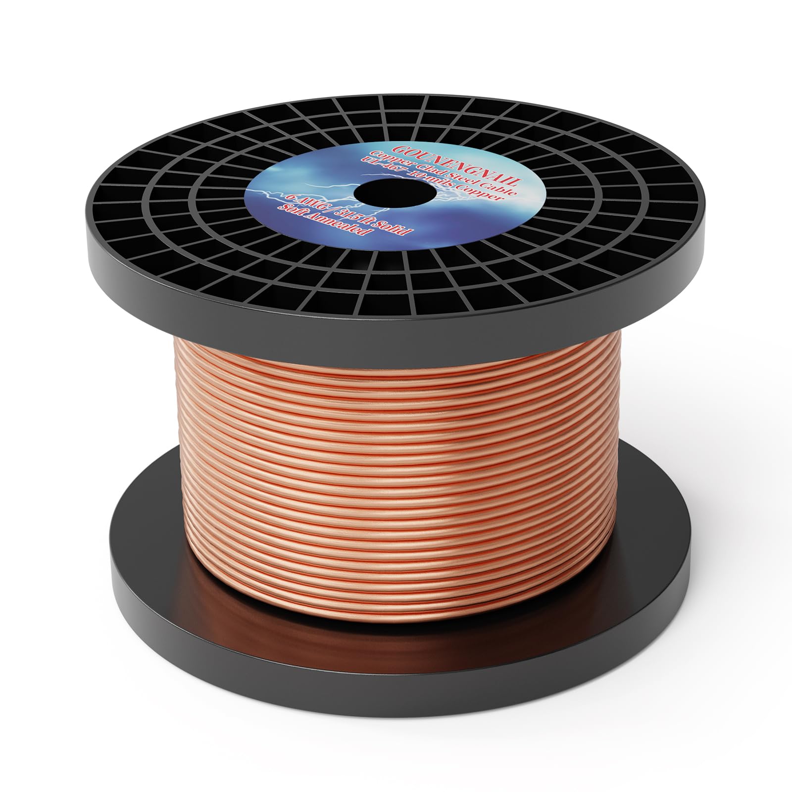 315FT 6AWG Soft Annealed Solid Grounding Wire, Per UL-467 10 Mils Copper Clad Steel Ground Cable Earth Wire (Copper Clad, 315FT / 6AWG)