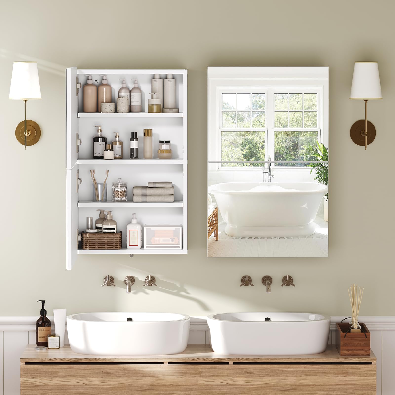 MAHANCRIS Armadietto Bagno Pensile con Doppio Specchio | Mobile Contenitore da Parete con 2 Ripiani Regolabili, per Ingresso, Soggiorno e Camera da Letto, Bianco AWCWT4101