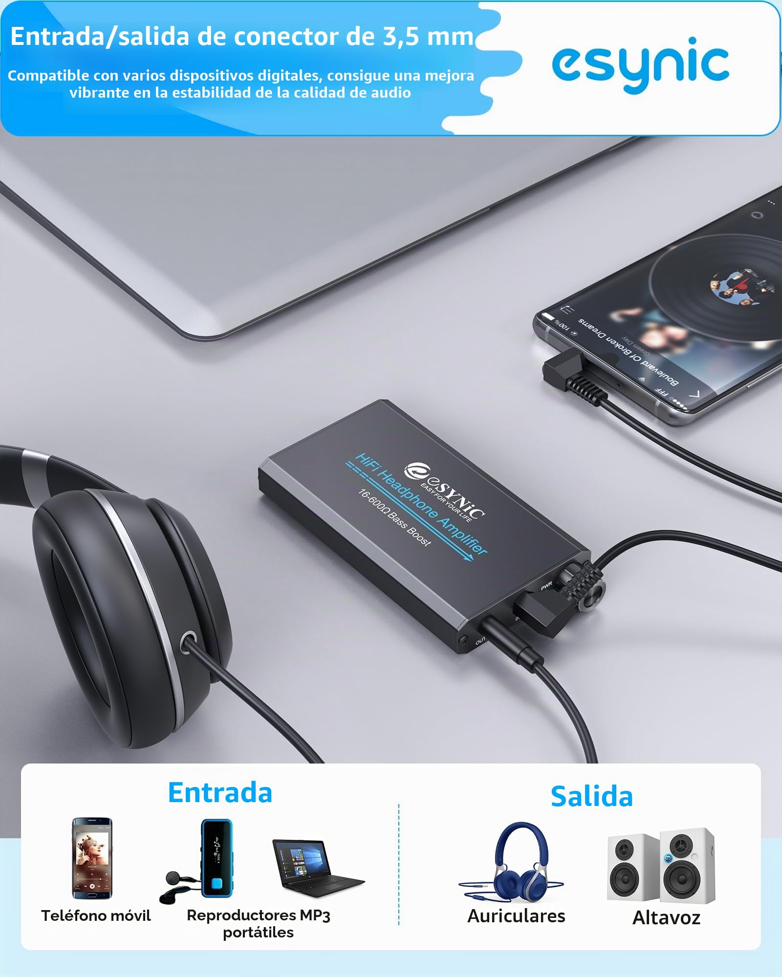 eSynic Amplificador de Auriculares Profesional 16-600Ω con Ganancia de Graves - Amp Portátil de 3,5 mm y Recargable, Superficie de Aluminio Mate, para Móviles, PC, MP3, MP4, etc.