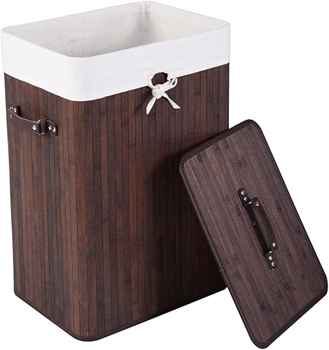 Miniatura 4 de GOFLAME Cesta portátil de bambú para ropa sucia, cesta de almacenamiento de ropa sucia con tapa y forro extraíble, gran contenedor de ropa con asas,