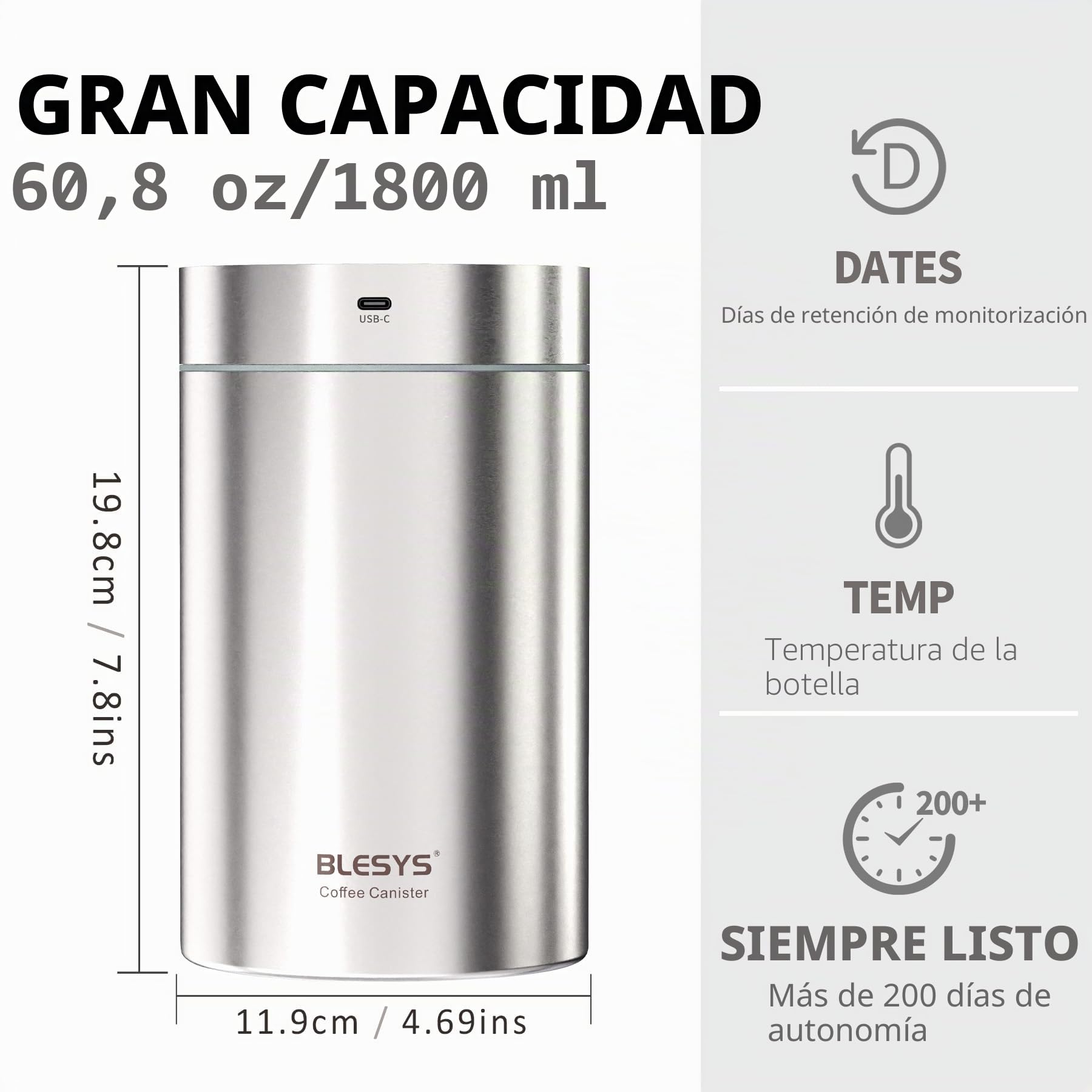 BLESYS Recipiente inteligente para café al vacío, Recipiente automático de acero inoxidable hermético con pantalla LCD, función de frescura con un solo toque, indicador de fecha (1.8L, plata)