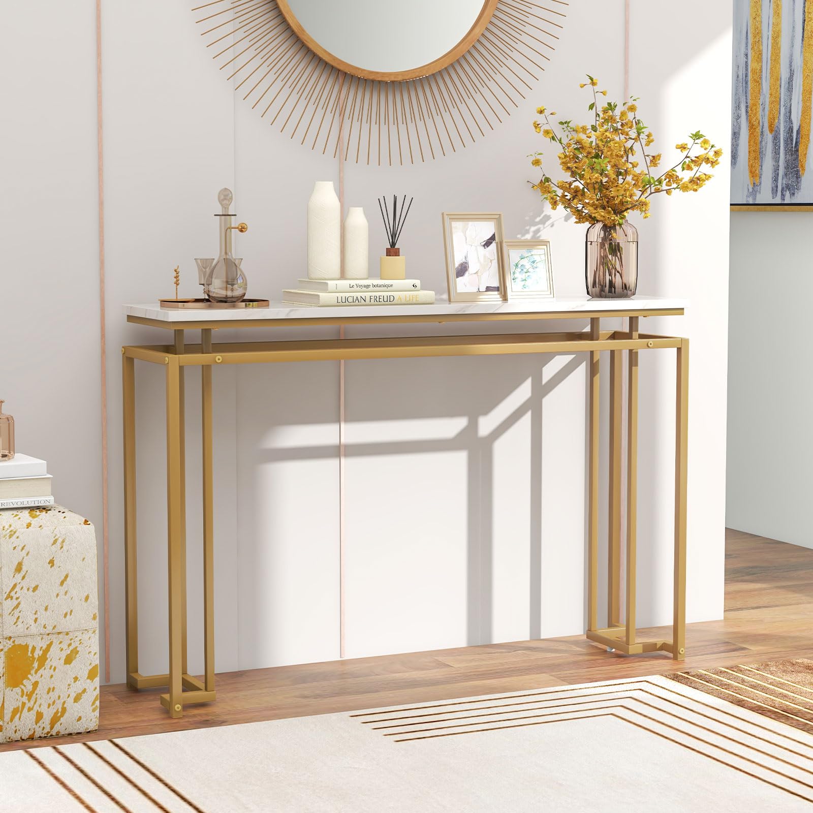 LIFEZEAL Table Console Effet Marbre, Meuble Console Moderne, Table d'Entrée, Cadre en Métal,Gain de Place, pour Couloir, Salon, Entrée, 120 x 30 x 80,5 CM, Or