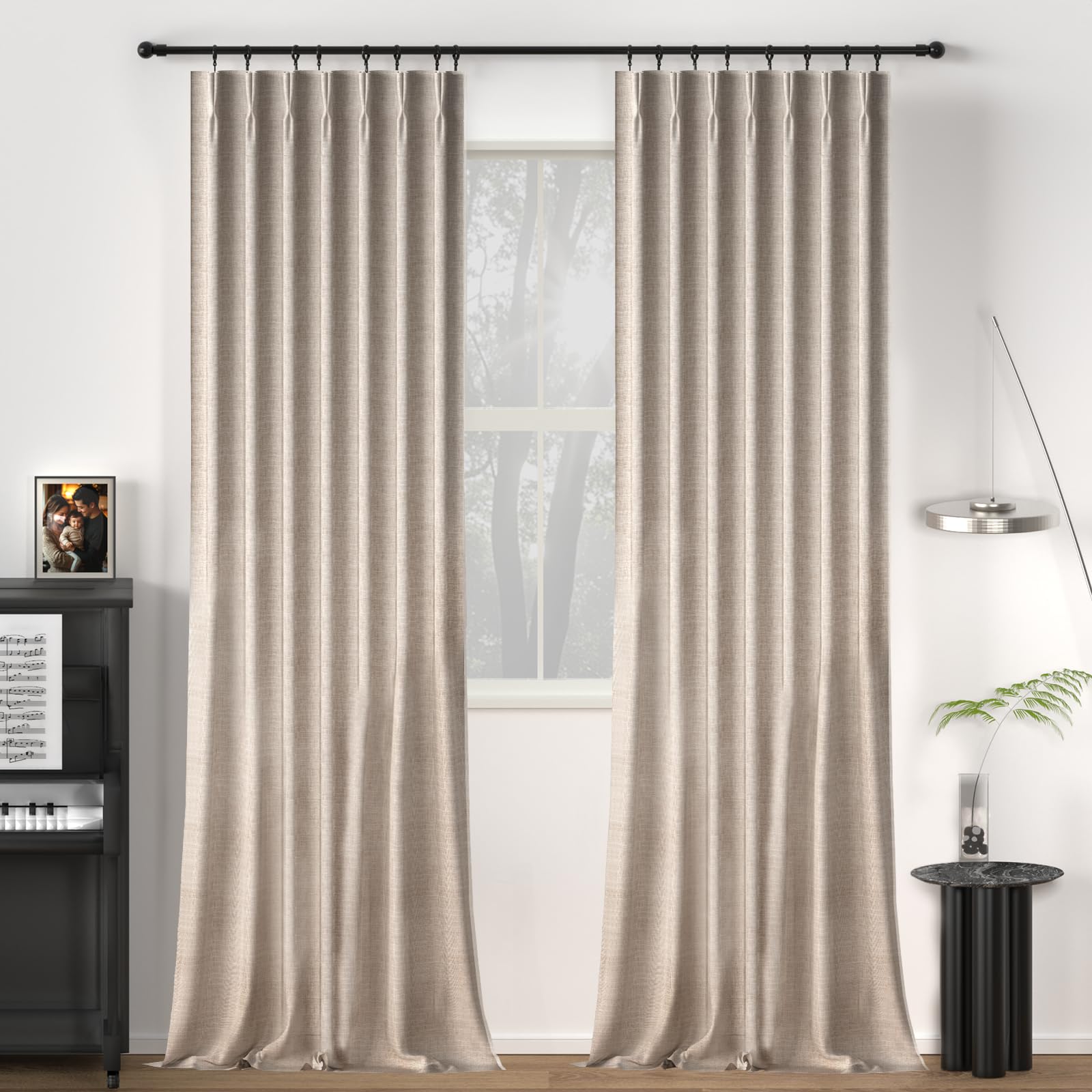 102 Inch Dark Linen Textured Pinch Pleated Blackout Curtains - 100% Light Blocking, Thermal Insulated Farmhouse Drapes, 2 Panels with Hook & Ring for Bedroom/Living Room