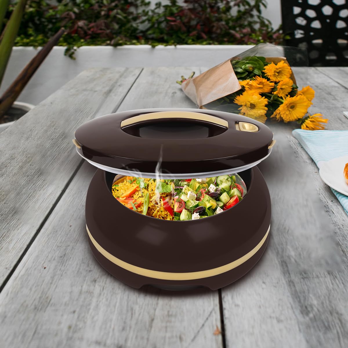Elegante casseruola ovale isolata grande con coperchio aperto con una sola mano, 3,15 qt. Scaldavivande di lusso - Ciotola termica per buffet/feste - Contenitore per alimenti caldi in acciaio inox