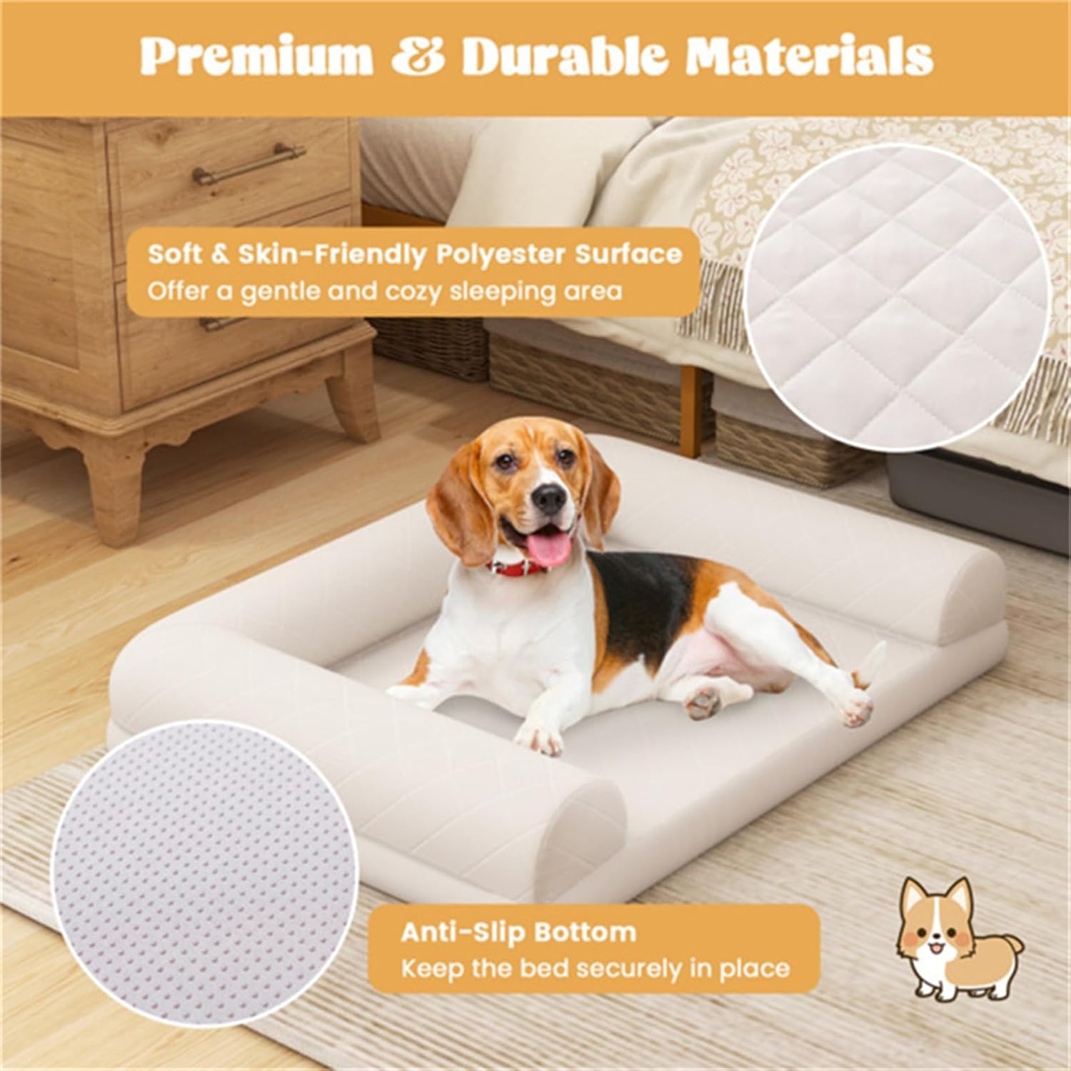 36 Inch Orthopedic Dog Bed, Foam Dog Crate Bed, Pet Bed, Pet Supplies, 3-Sided Pillow and Removable Washable Cover, Suitable for Small and Medium Dogs, Beige