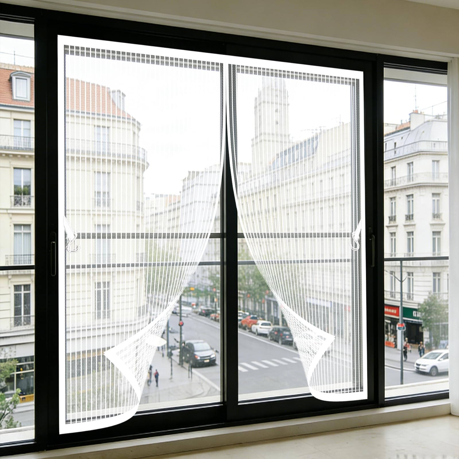 Moustiquaire sans percer blanche 255x105 cm à fermeture automatique aimantée pour fenêtre