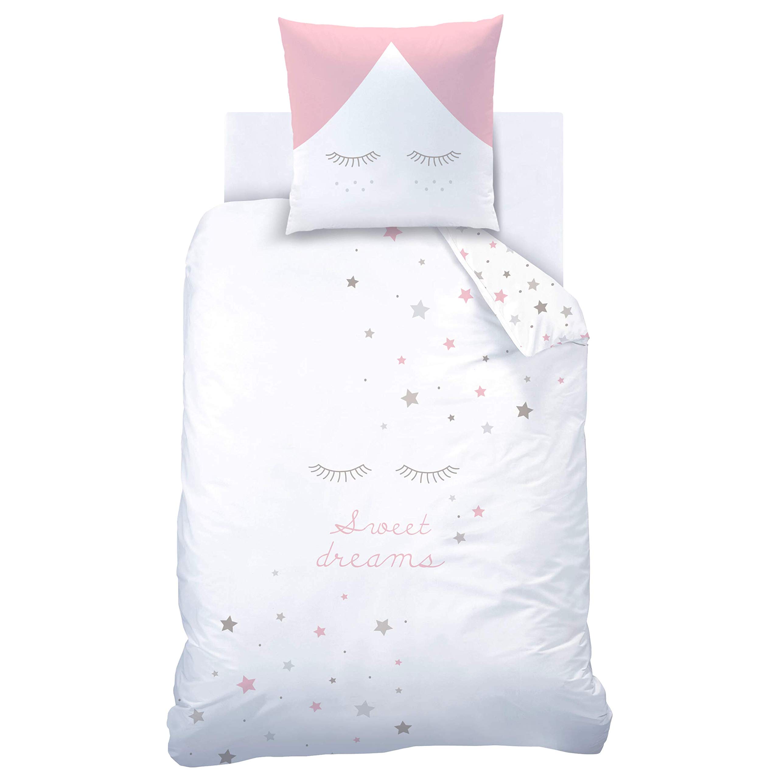 Sweet Dreams Juego de Ropa de Cama con diseño de Estrellas, 135 x 200 cm, Ropa de Cama Infantil, pestañas y Estrellas, Funda de Almohada de 80 x 80 cm y Funda nórdica de 135 x 200 cm, 100% algodón