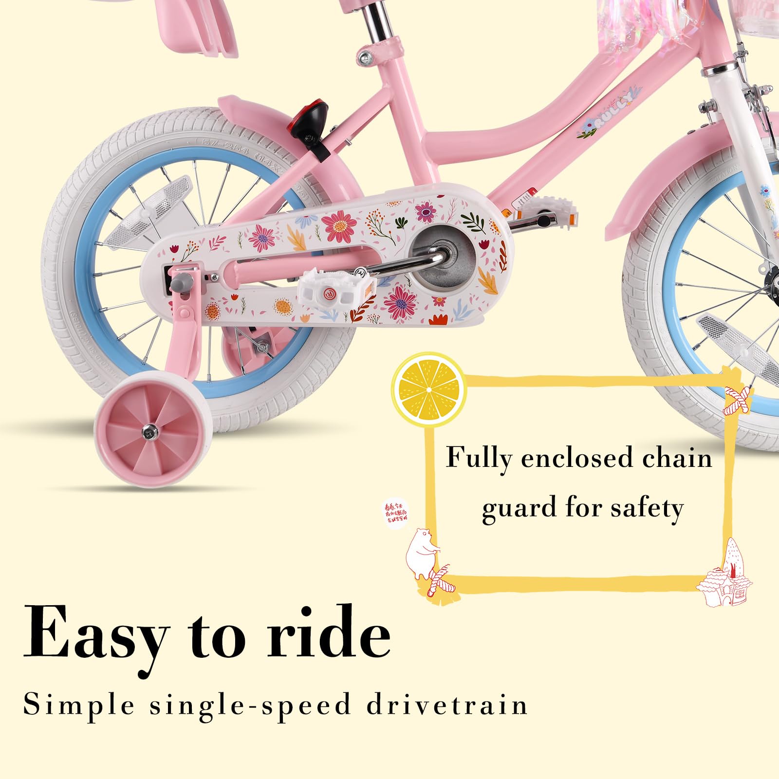 RULLY Daisy Kinderfahrrad für Mädchen von 2-7 Jahren, 12 14 16 Zoll Prinzessinnenfahrrad mit Puppensitz, Stützrädern, Korb und Streamern, Kinderfahrräder