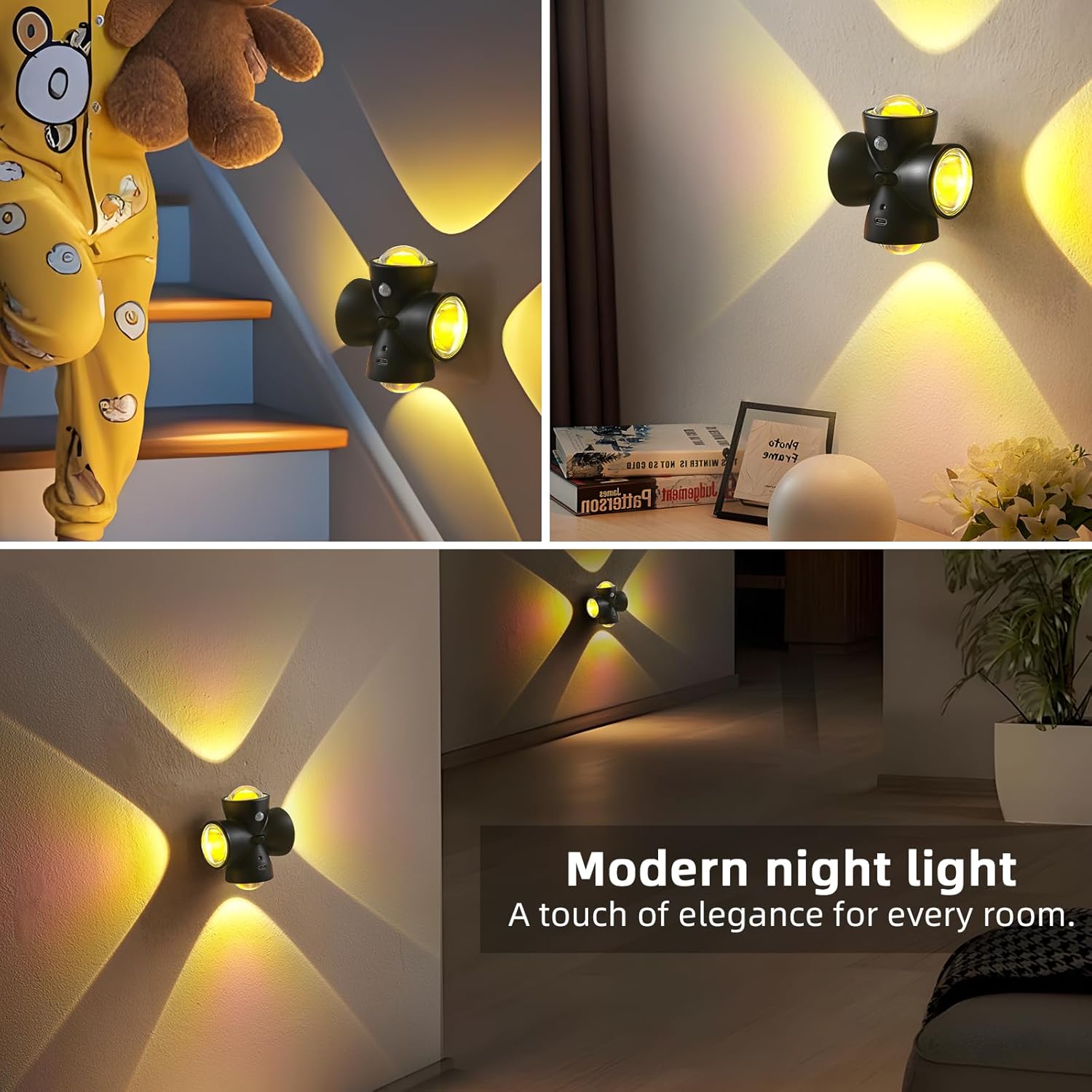 Rechargeable LED Night Light with Motion Sensor, 100 Lumens, USB-C Charging, Black