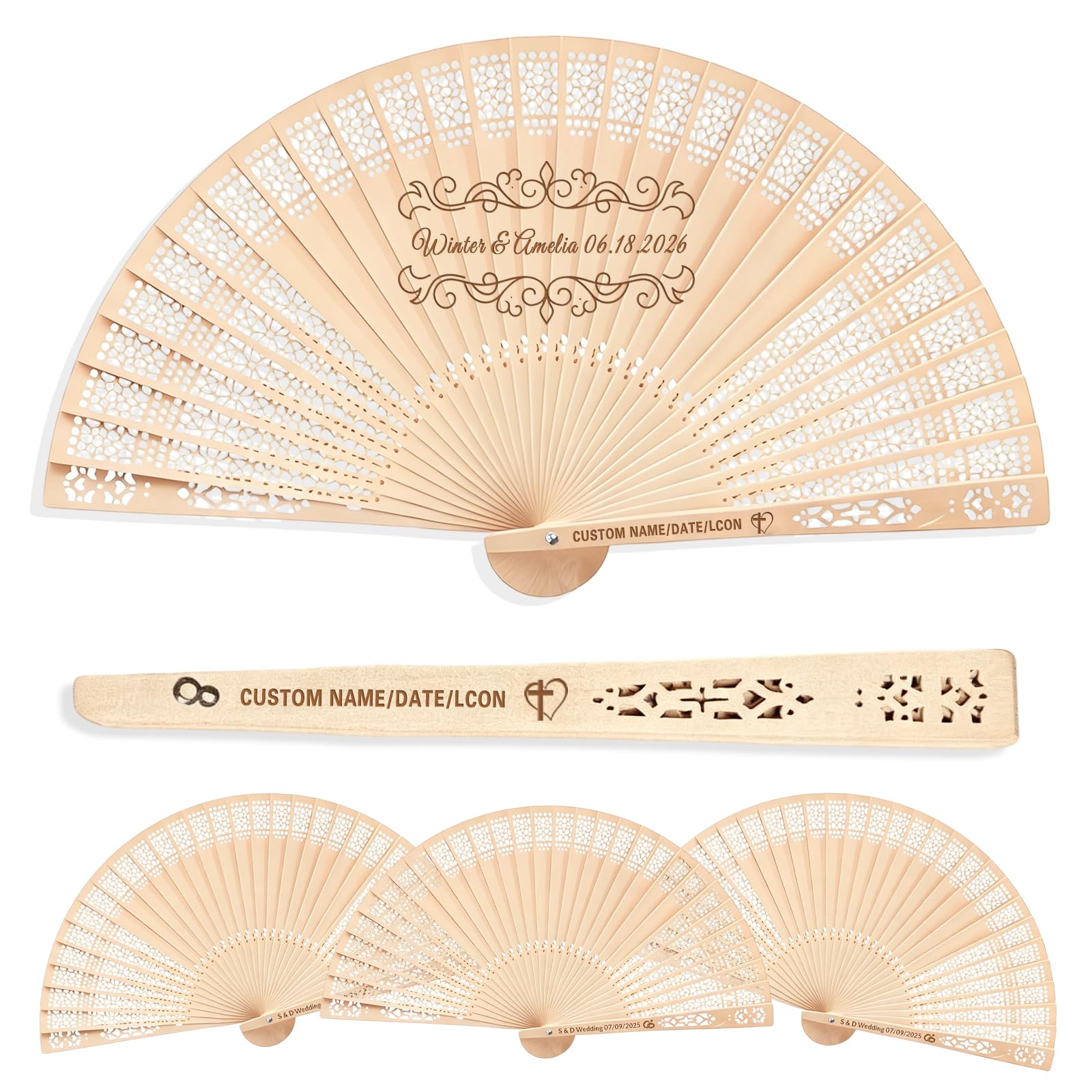 RSQGT 10-100 Pcs Personalised Wooden Hand Fans, Custom Engraved Text, Names & Dates Sandalwood Wedding Fans, Elegant Keepsake for Summer Weddings, Events & Guest Favours (Hollow Folding Hand Fan 02)