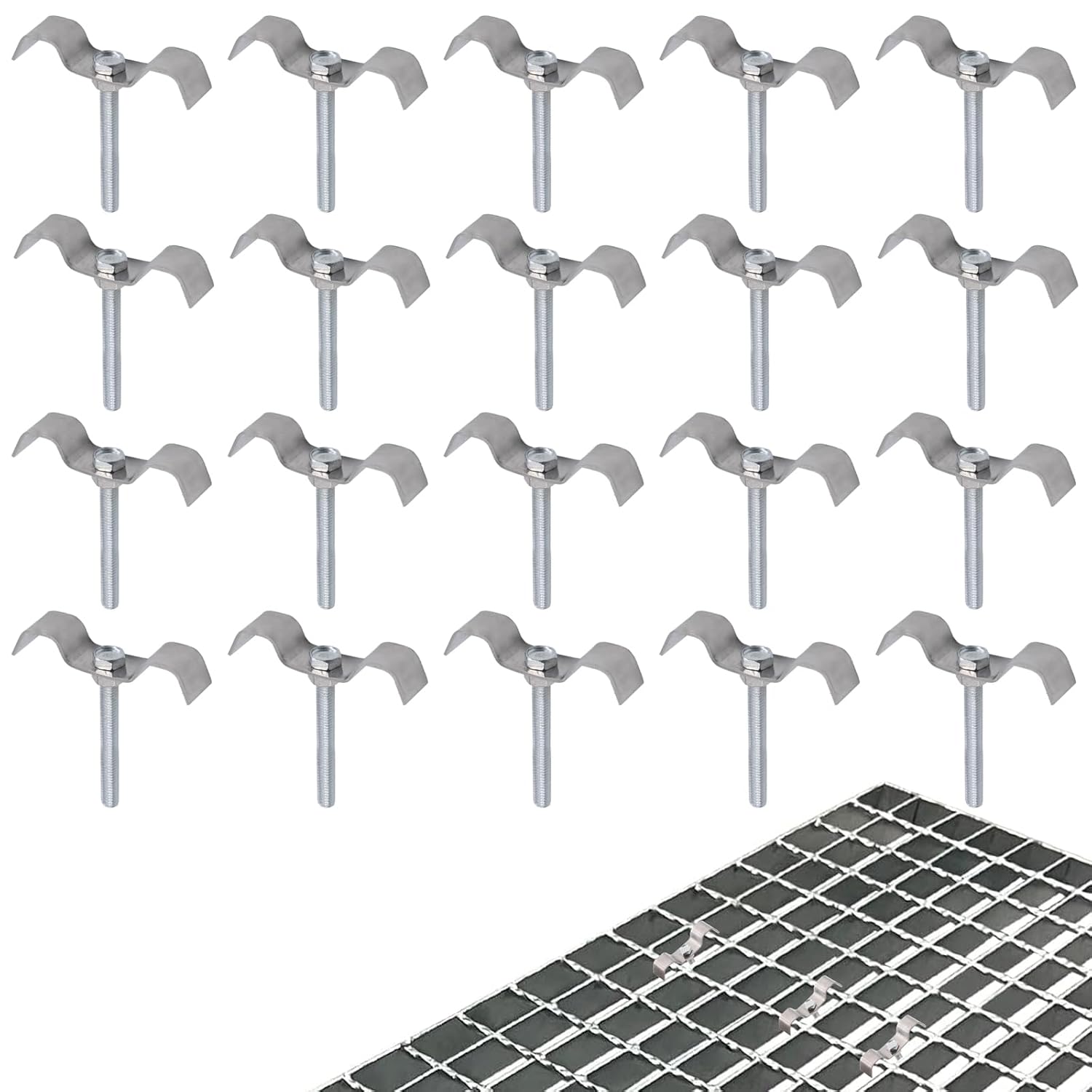 20 PCS Grating Clips with M6 Bolts, Stainless Steel M-shaped Saddle Clip for Industrial Flooring Drainage Systems Grid Plate, Fit for Spacing 1-1/2-2 Inch (32-52 mm) (20, M6 x 38 mm Bolt)