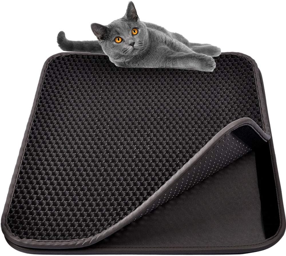 MyfatBOSSLarge Cat Litter Mat Litter Trapping, Double Waterproof Layer for Litter Box Mat, Larger Holes with Clean Mat for Messy Cats (Black)
