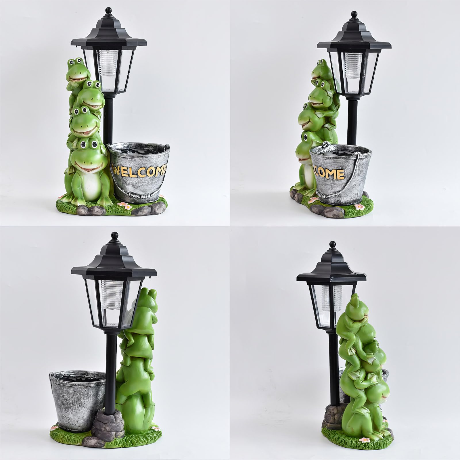 Estatua solar de rana para exteriores, adornos familiares de rana de 13.4 pulgadas con linterna y maceta para decoración de jardín, balcón, patio, césped, regalos de cumpleaños para mujeres