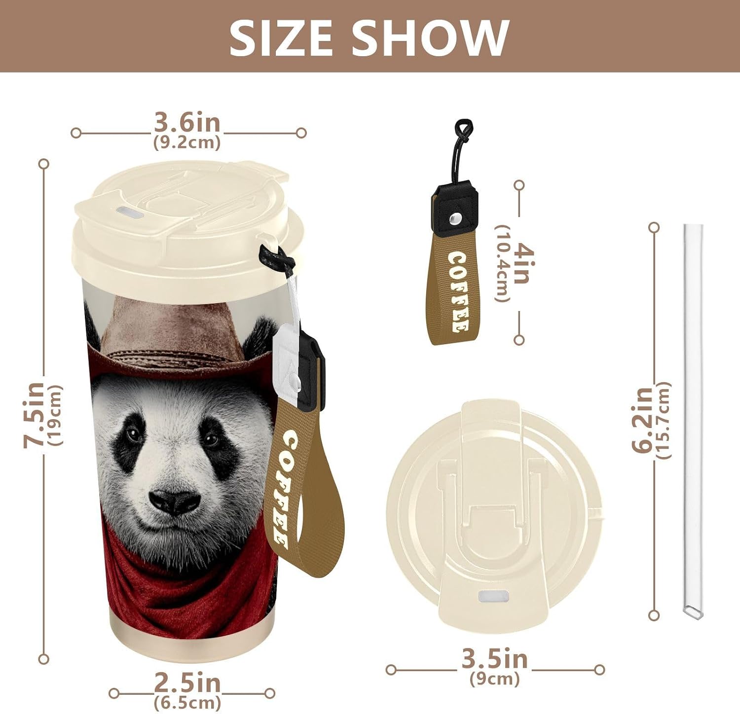 Panda Cowboy Hat Insulated Coffee Mug with Straw & Flip Lid, 16.9oz Iced Tumbler Cup, Double Wall Vacuum Mug for Travel Office