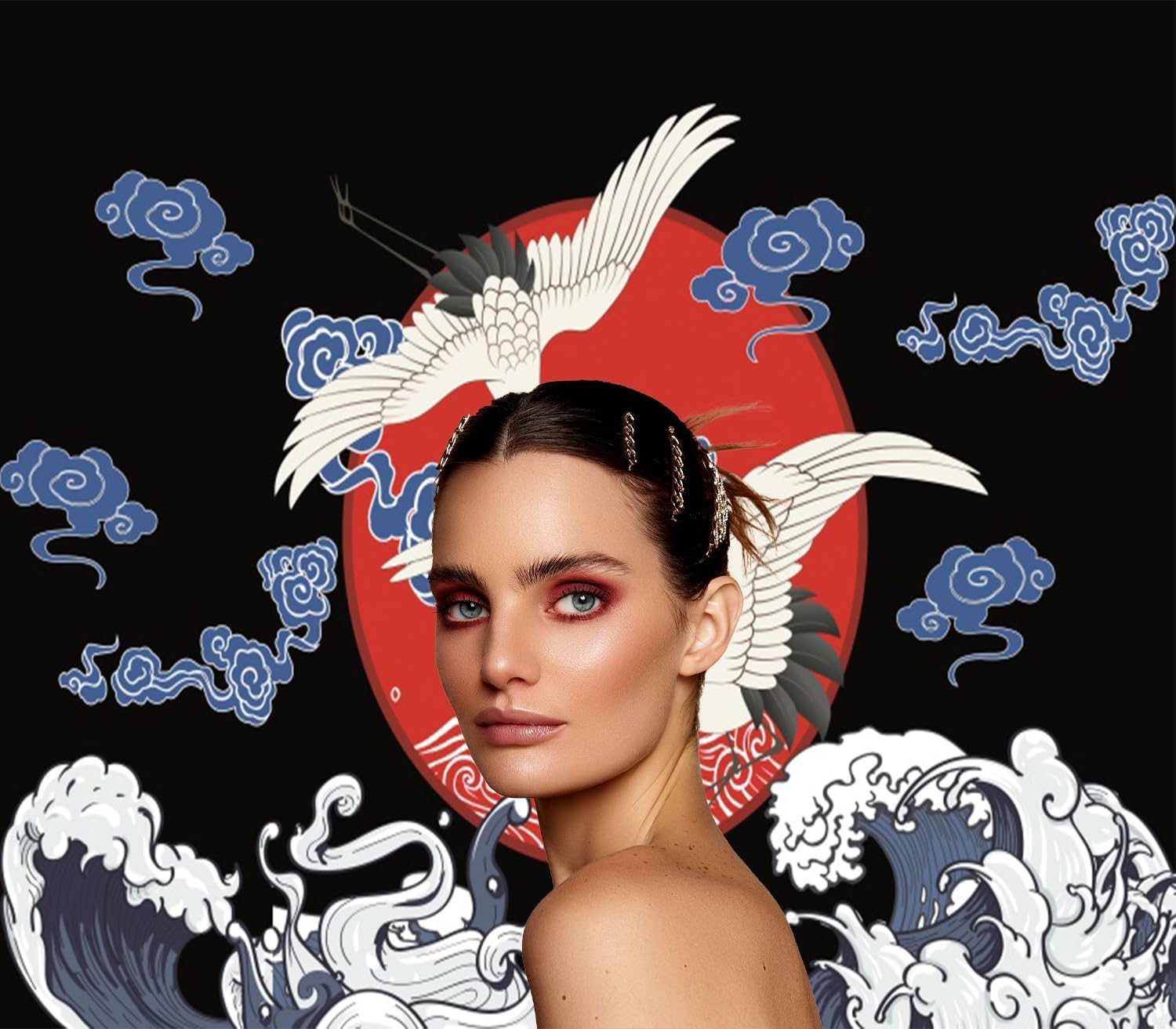 7x8ft Traditional Japanese Garage Door Decor Flying Cranes Red Sun Wave Design Blue Clouds Ink Wash Painting Garage Door Cover for Asian Event Party Decoration Props