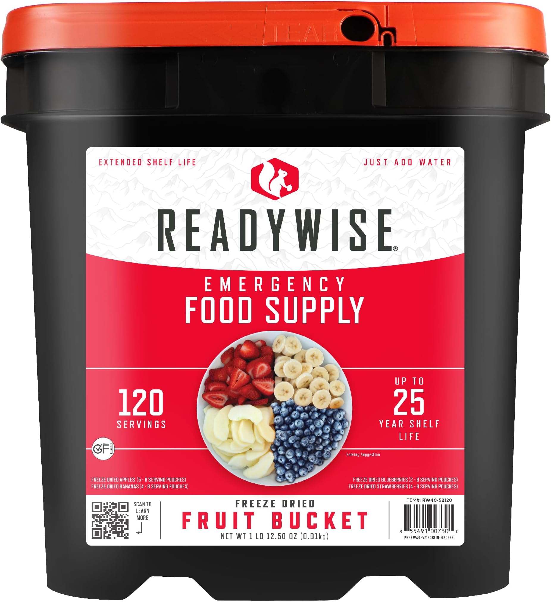 ReadyWise Emergency Food Supply - 120 Servings Fruit Bucket, Nutritious Meals, Dehydrated & Freeze Dried Food for Backpacking, Camping Essentials & Disaster Prepping Supplies, up to 25 Year Shelf Life