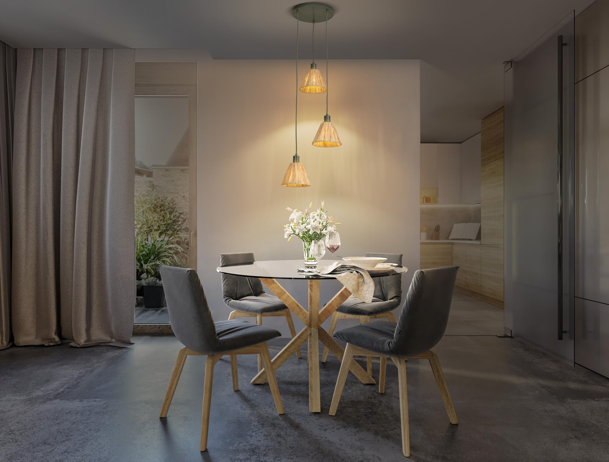 LEDVANCE a 3 luci Decor Rafia Plate verde in rafia e metallo, E27, diametro 430 mm, paralume in materiale riciclato, sostenibile grazie alla sorgente luminosa sostituibile, facile da installare