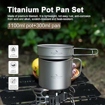 Boundless Voyage Titanium Pot Pan Set Camping Cookware, 1.1L + 0.3L-Ti2053C