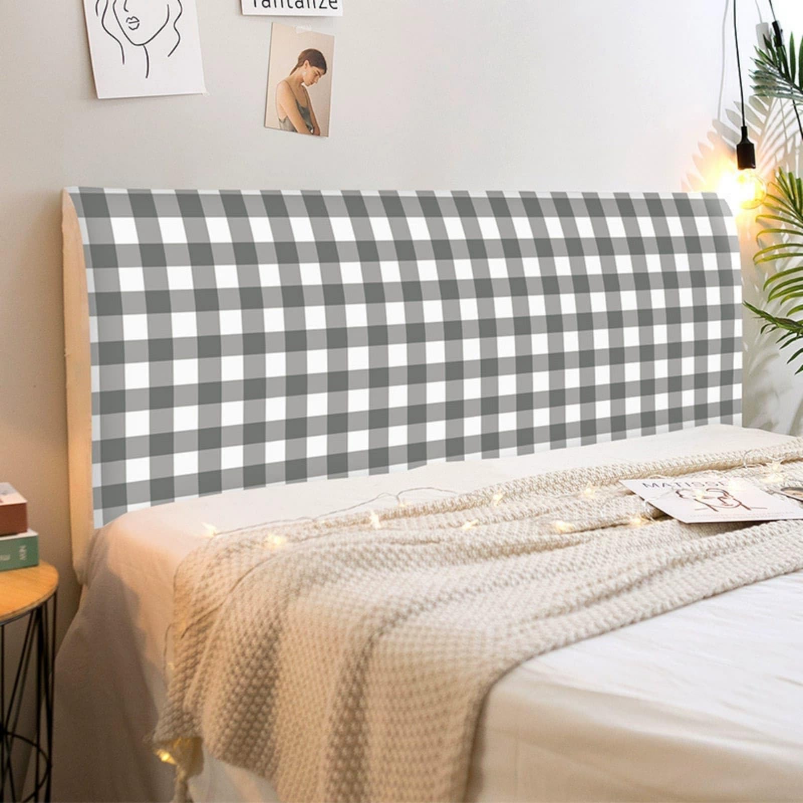 Mateju Bed Headboard Cover, Bed Headboardcover Stretch Headboard Covers Dustproof Modern Elastic Universal 120-220cm Plaid Gingham Style Head Board Slipcover All-Inclusive (Gray,120cm)