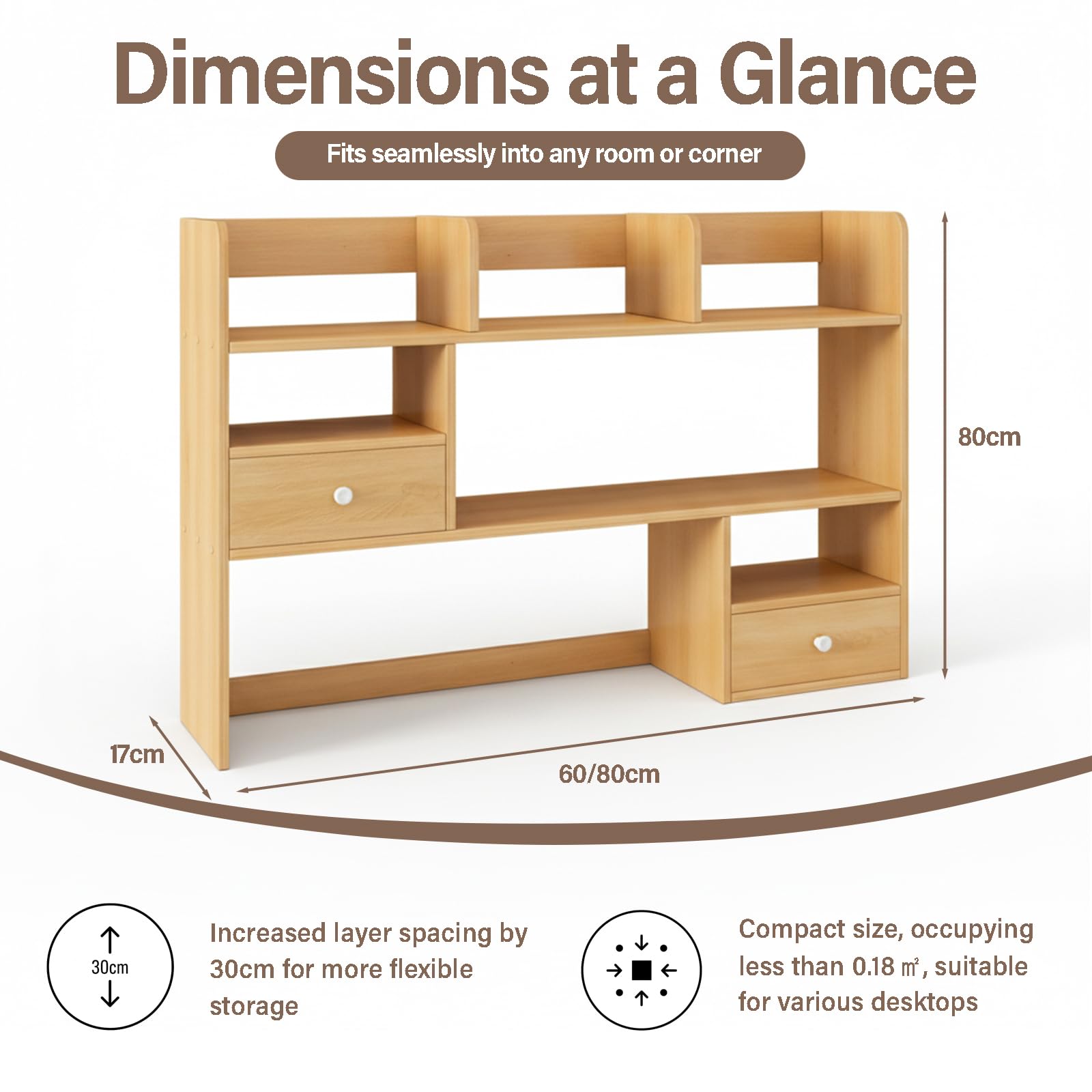 Estanteria Escritorio Pequeña Libreria Madera, Estanterias de Madera para Libros y Oficina, Estante Sobremesa con Cajones y Hueco Alto 30cm, Organizador Robusto 60/80x17x80cm(Color:60x17x80CM)