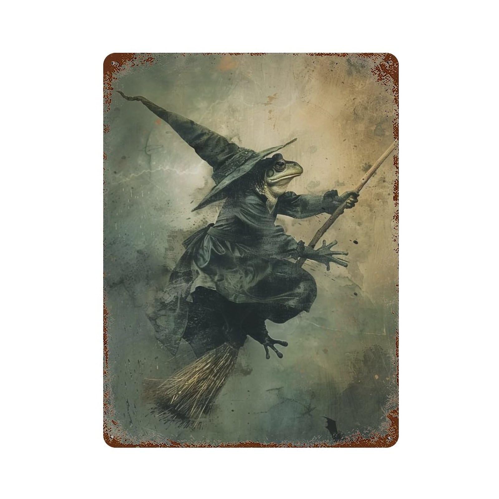 YHGERTKU Frog Witch on Broomstick 03 Wall Art Retro Iron Vintage Metal Tin Sign Poster Modern Decor for Living Rooms Gift 40x30cm