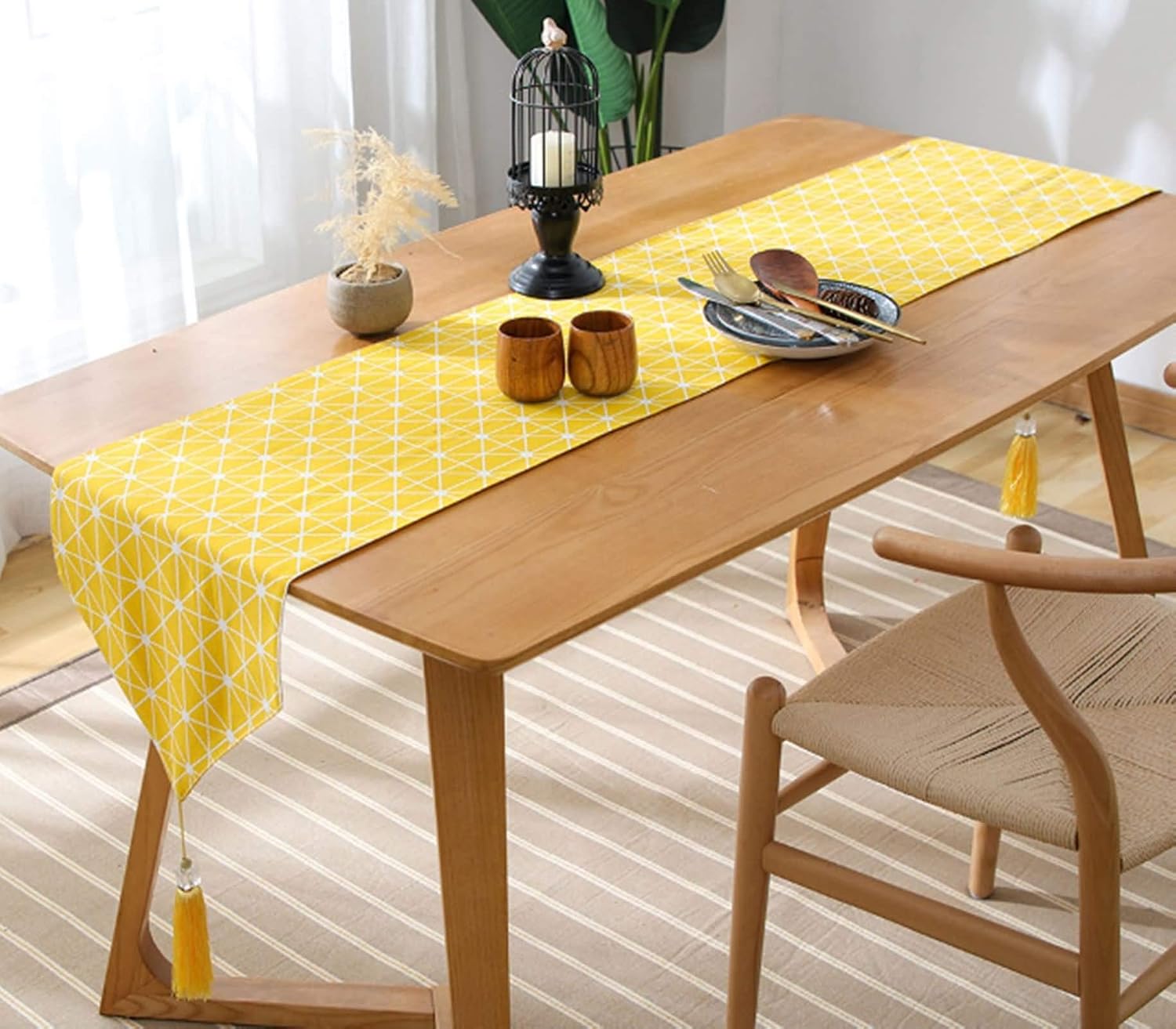 Table Runner Holiday,33x240CM,Geometric with Tassel Autumn Table Runner Cotton,Table Runners Yellow