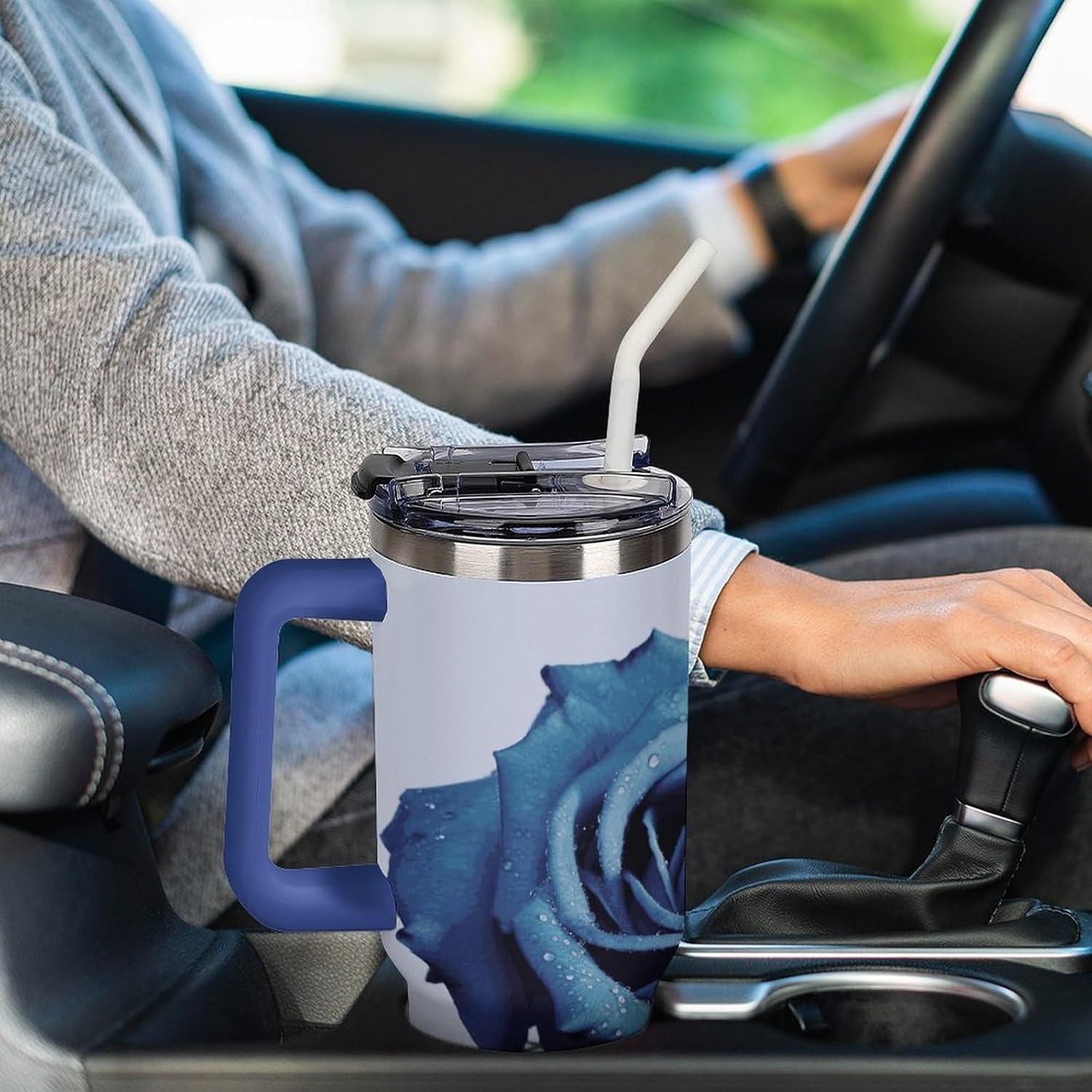 Blue Rose Blooms Tumbler 40 Oz with Handle&Lid Large Car Cup Stainless Steel Vacuum Travel Mug Insulated Water Bottle Leak-proof Portable Coffee Cup for Home Car Outdoor