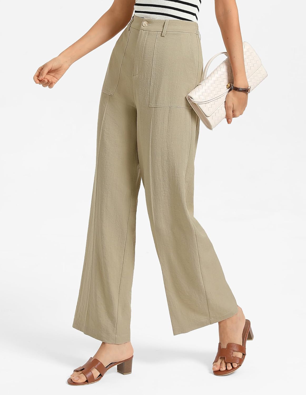 GRACE KARIN Linen Palazzo Pants for Women,High Waist Wide Leg Summer Beach Pants with Pockets - Image 3