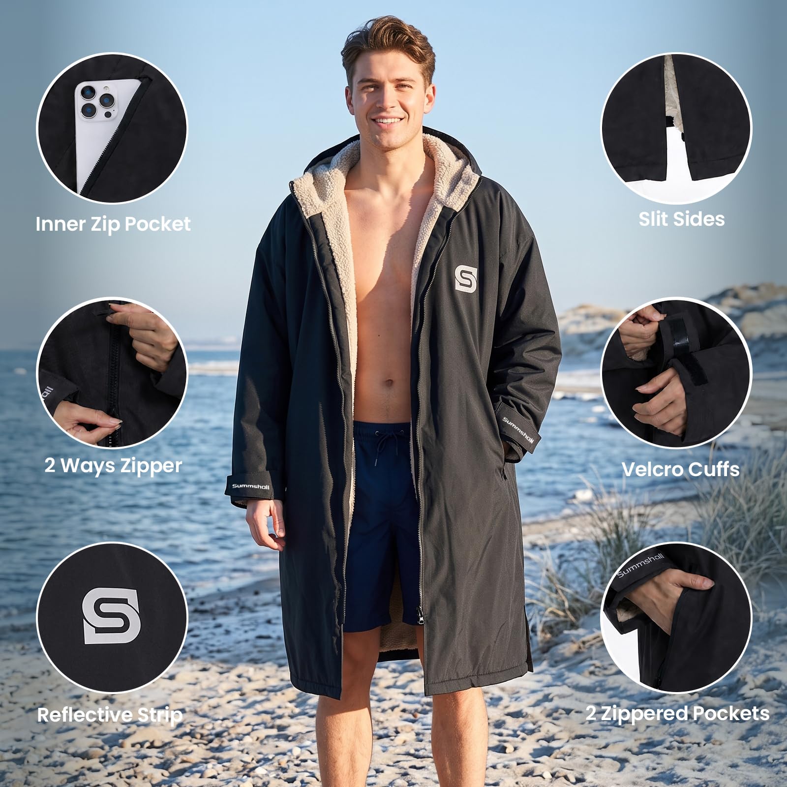 Wasserdichter Badeparka für Kinder, Jugendliche und Erwachsene, übergroßer Kapuzenmantel mit Sherpa-Fleece-Futter, winddicht, warm, Surf-Poncho zum Schwimmen, Surfen, Strand, Pool, Camping