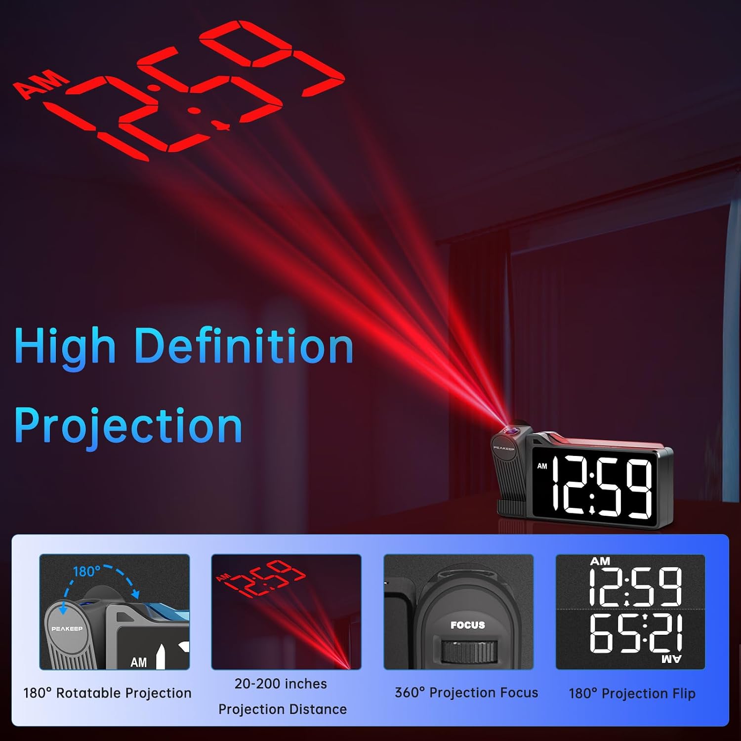 Peakeep Projection Alarm Clock MHP6050 showing high definition projection features