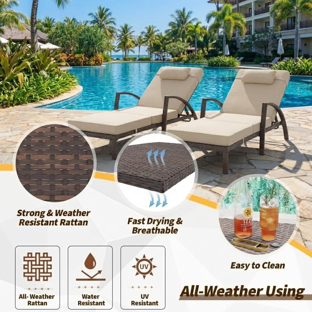 GarveeLife Outdoor Wicker Chaise Lounge Chair with Cushion, Metal Frame Patio Reclining Lounge Bed, All-Weather Rattan Sun Lounger for Poolside, Garden, Backyard & Balcon,Brown Wicker, Beige Cushion