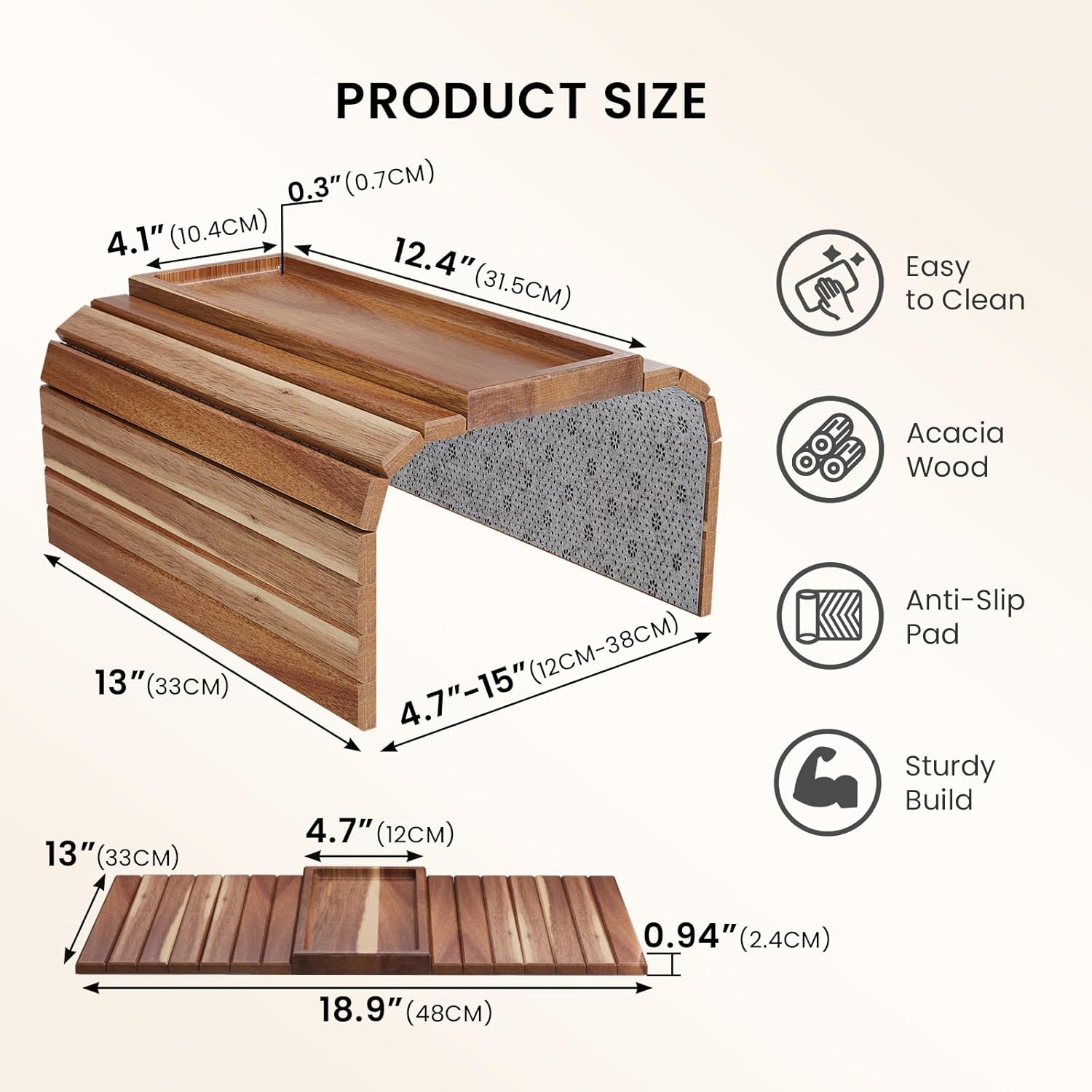 Sofa Arm Tray,Acacia Wood Folding Couch Arm Tray,Sofa Armrest Trays with Anti-Slip Pad for Drinks,Snacks,Phone,Remote Control