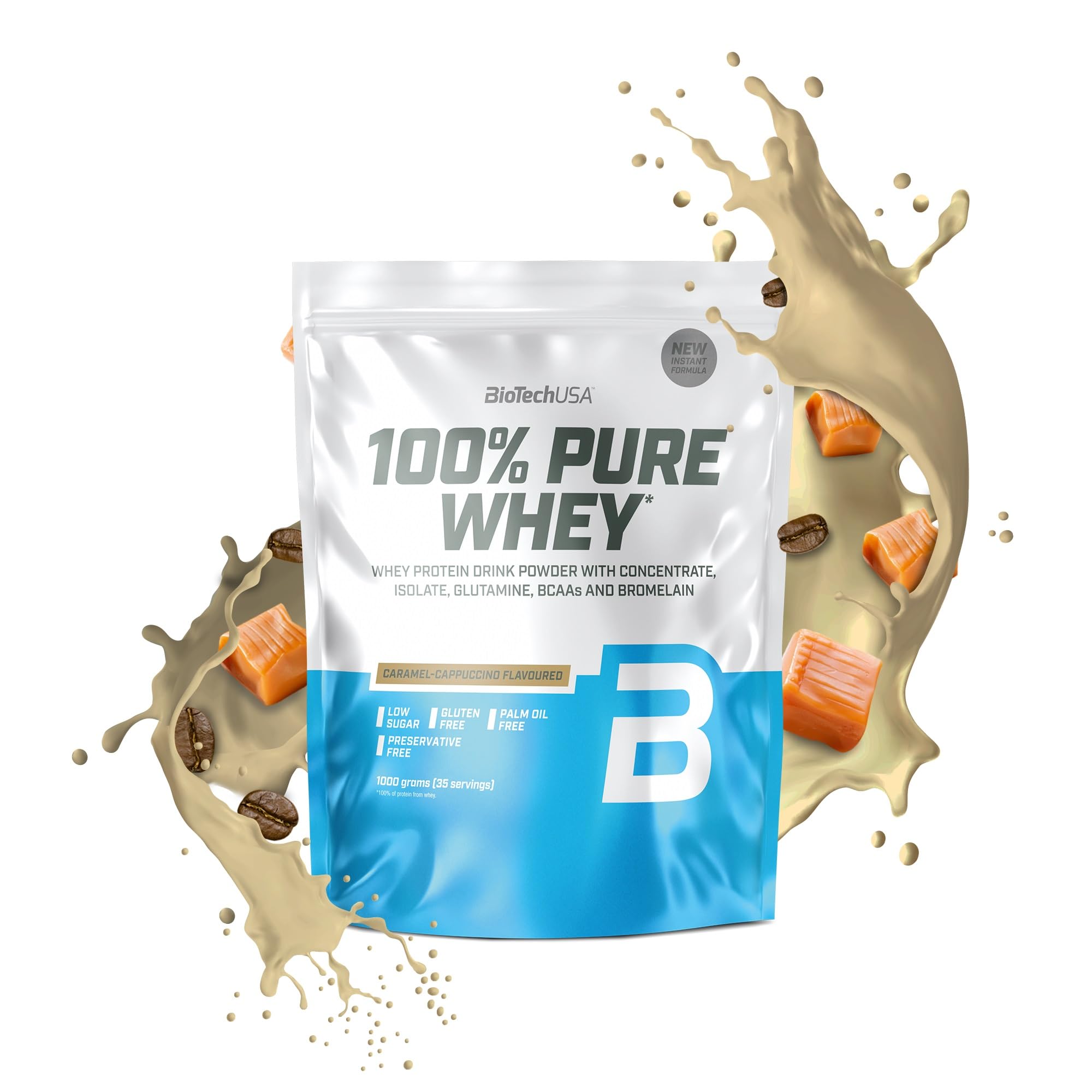 BioTechUSA100% Pure Whey | Protein Powder with BCAA and Glutamine | Gluten-Free, Palm Oil Free | 21g Protein per Serving, 1 kg, Caramel-Cappuccino
