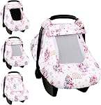 Car Seat Cover Baby, HNHUAMING Infant Car Seat Covers Canopy for Baby Girl Boy, Cozy & Windproof Unicorn Newborn Carseat Covers Minky Dot Backing Stroller Cover with Breathable Mesh Window, Rainbow
