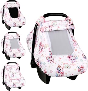 Car Seat Cover Baby, HNHUAMING Infant Car Seat Covers Canopy for Baby Girl Boy, Cozy & Windproof Unicorn Newborn Carseat Covers Minky Dot Backing Stroller Cover with Breathable Mesh Window, Rainbow