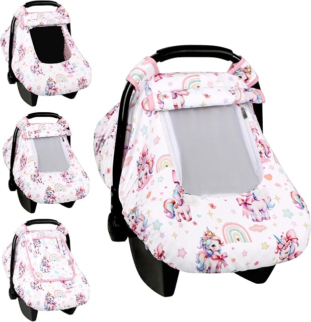Car Seat Cover Baby, HNHUAMING Infant Car Seat Covers Canopy for Baby Girl Boy, Cozy & Windproof Unicorn Newborn Carseat Covers Minky Dot Backing Stroller Cover with Breathable Mesh Window, Rainbow